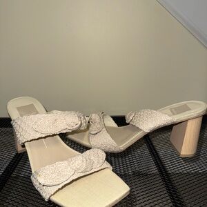 DOLCE VITA CROCHETED BOW BLOCK HEELED SANDALS
